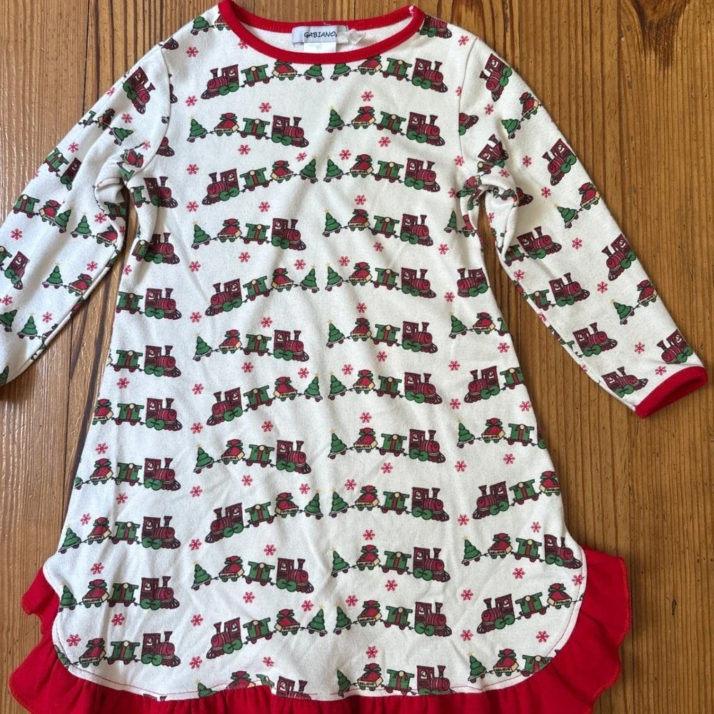 Gabiano‎ Nightgown Kids White Red Holiday Christmas Train Ruffle SIZE 3
